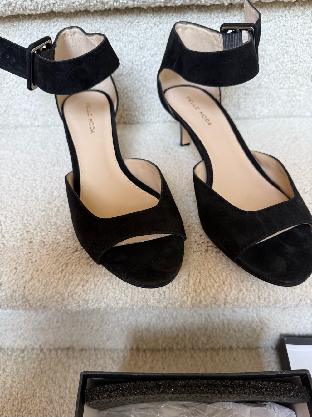 Pelle Moda Black Suede Open-Toe Ankle Strap Heels